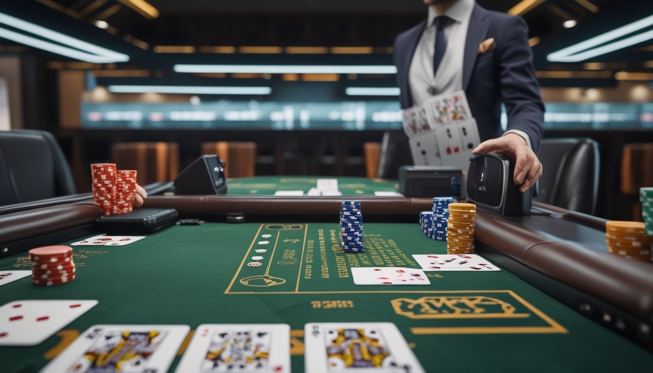 Dealer kasino membagikan kartu di meja Casino Hold’em dengan chip dan peralatan permainan di sekitarnya.