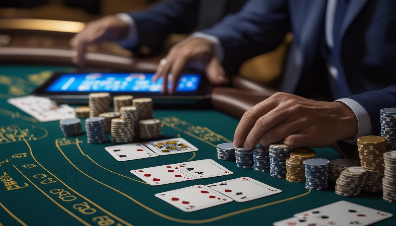 Meja permainan poker dengan kartu dan tumpukan chip yang tersusun bertahap di kasino modern.