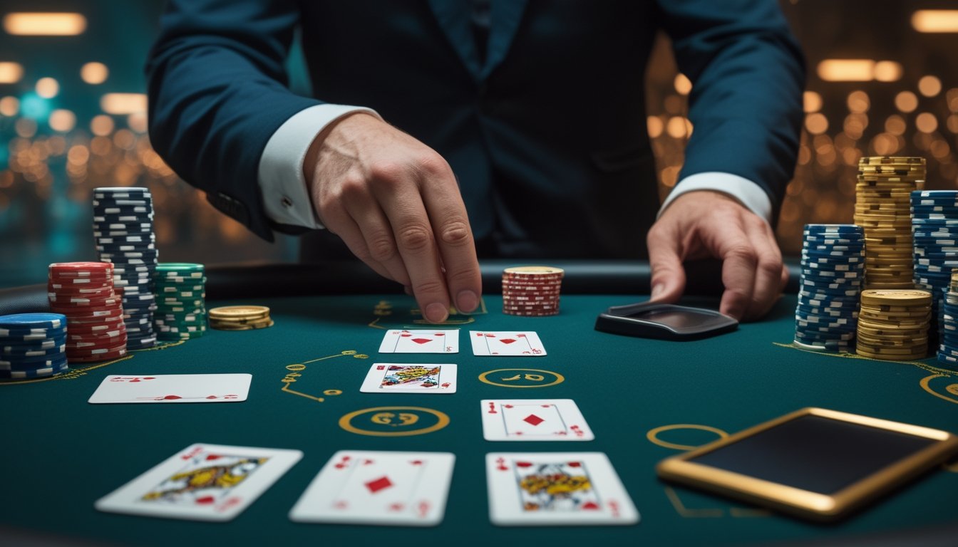 Pemain dan dealer berada di meja Casino Hold’em dengan kartu serta tumpukan chip yang tersusun bertahap.
