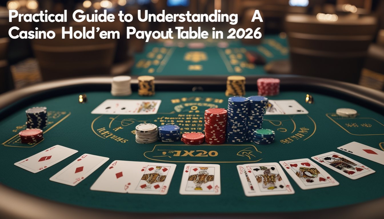 Meja permainan Casino Hold’em dengan kartu, keping poker, dan susunan pembayaran yang tertata.