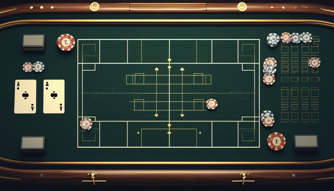 Meja Casino Hold’em dengan kartu poker, keping taruhan, dan lembar tabel pembayaran kosong.