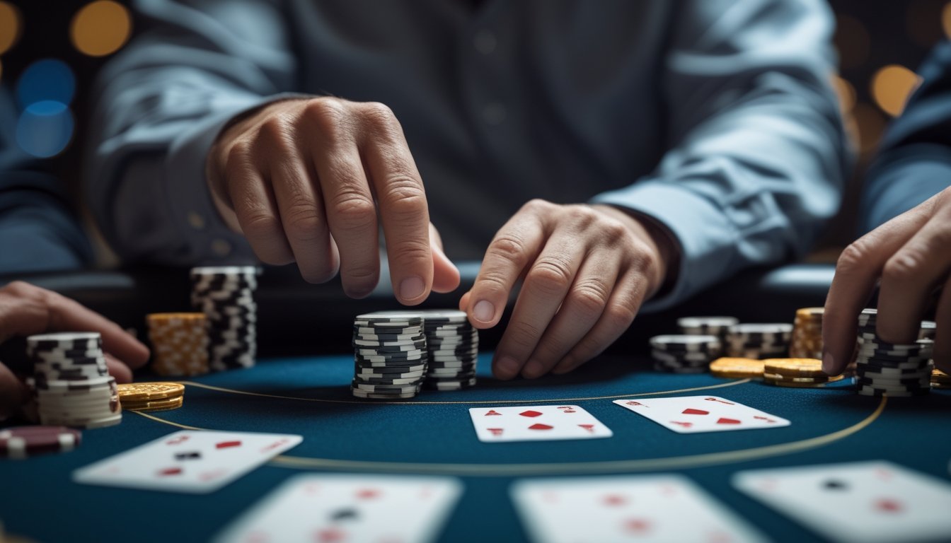 Pemain poker menimbang keputusan untuk melanjutkan permainan atau melipat kartu di meja kasino.