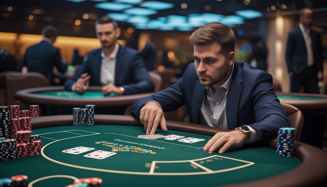 Pemain poker sedang mempertimbangkan keputusan untuk call atau fold di meja Texas Hold’em.