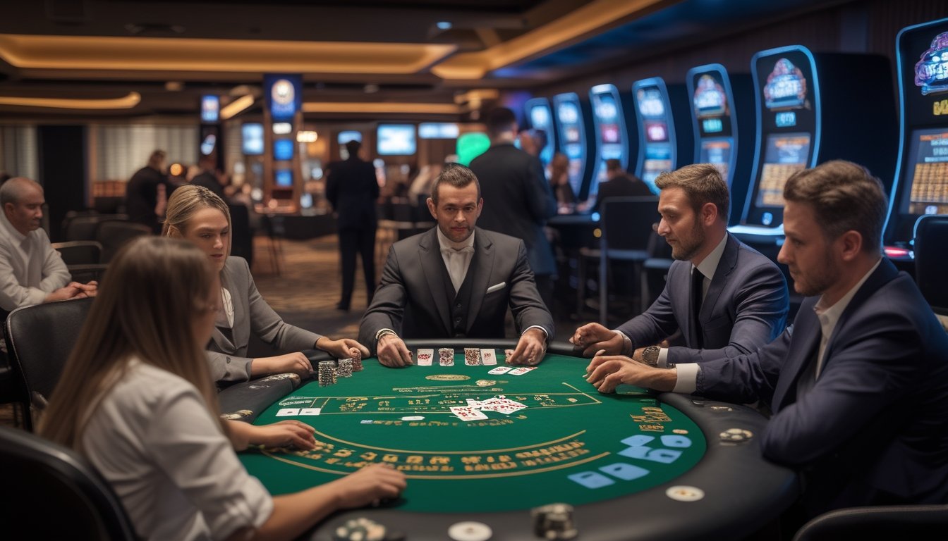 Meja permainan Casino Hold’em dengan kartu, chip, dealer, dan suasana kasino yang menggambarkan perkembangan dari masa lalu hingga era modern.