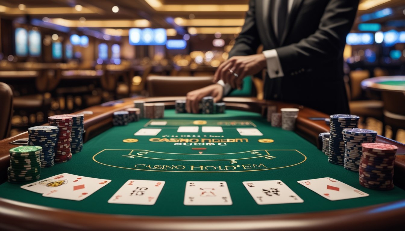 Dealer membagikan kartu pada meja Casino Hold’em dengan kartu komunitas dan keping taruhan di suasana kasino elegan.