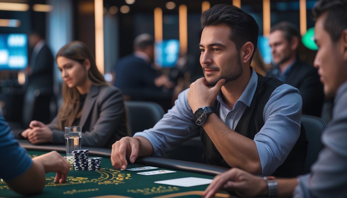 Seorang pemain poker tampak tenang dan fokus di meja kasino, dengan kartu, chip, dan segelas air di depannya.
