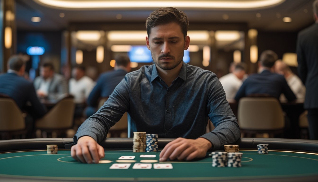 Pemain Casino Hold’em duduk tenang di meja poker sambil mempertimbangkan kartu dan keping taruhan.