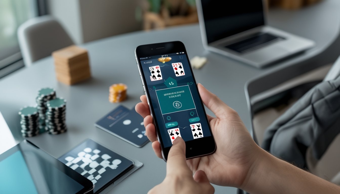 Seseorang menggunakan ponsel untuk mengakses permainan poker online dengan kartu dan chip di atas meja.