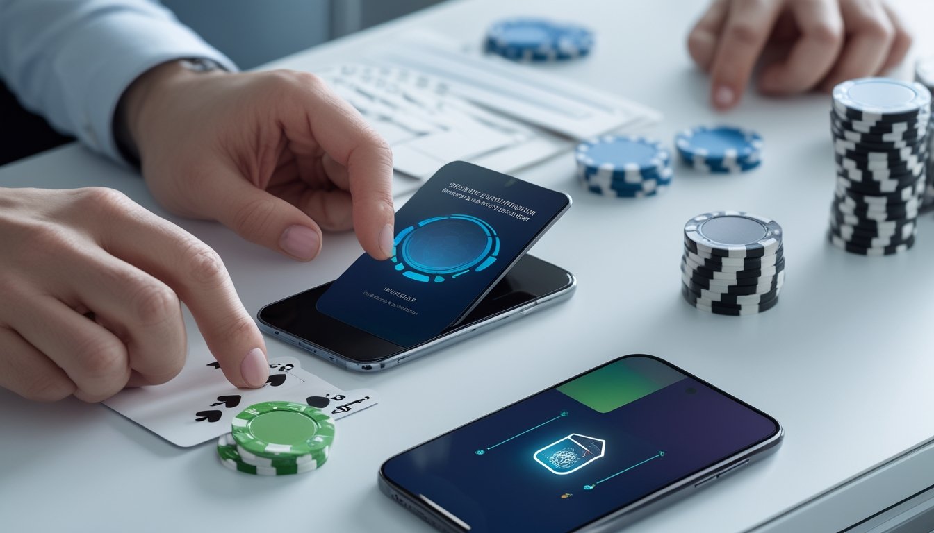 Tangan seseorang menggunakan ponsel di samping keping poker dan kartu dalam suasana kerja yang rapi.