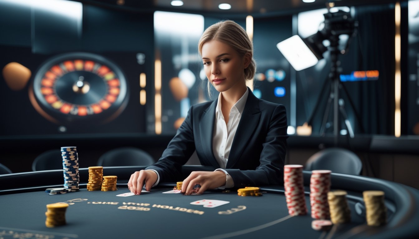 Dealer kasino membagikan kartu di meja Casino Hold’em dalam studio kasino modern.