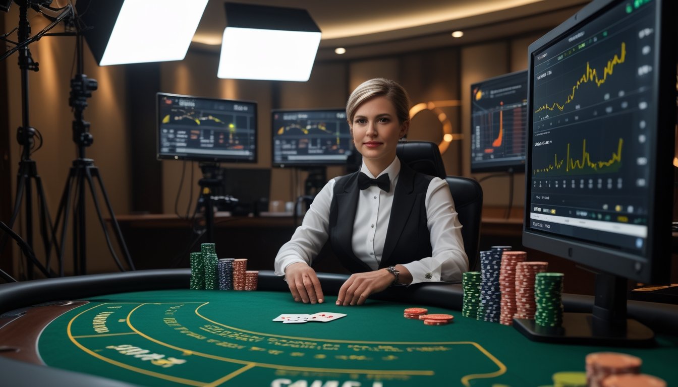 Dealer profesional memandu permainan Casino Hold’em di studio kasino modern dengan meja hijau, kartu, chip, kamera, dan layar analitik.