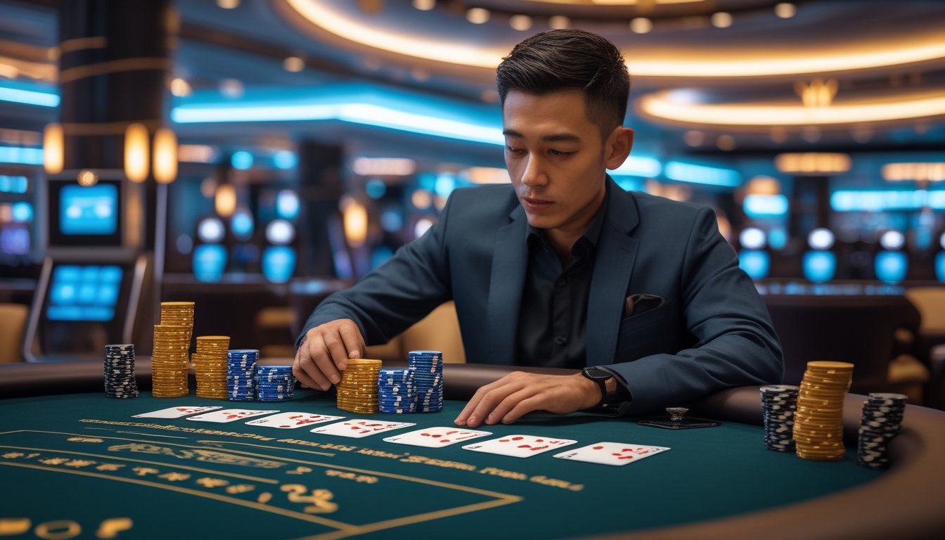 Pemain poker berkonsentrasi mengambil keputusan di meja Casino Hold’em dengan kartu dan tumpukan chip.