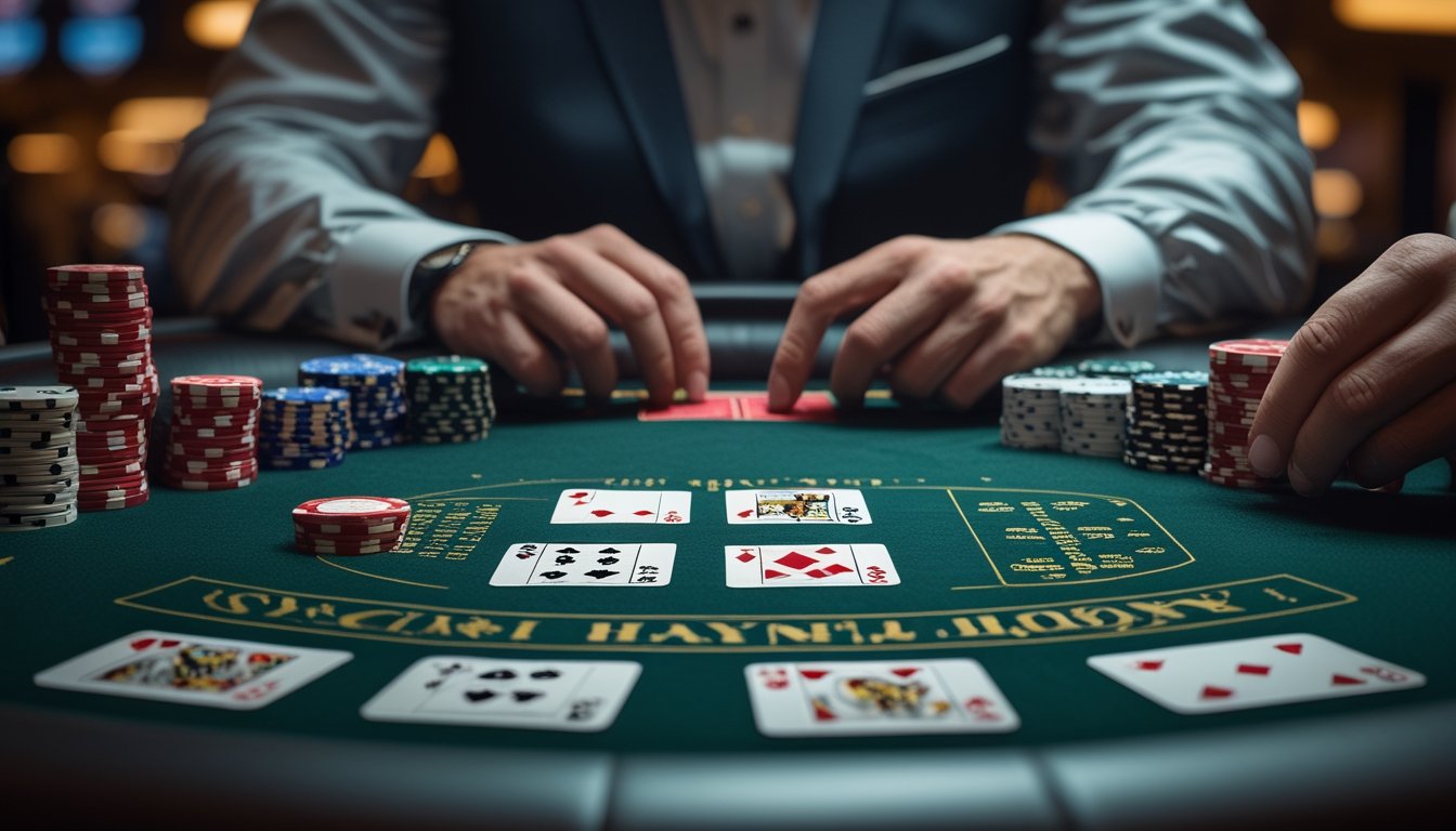 Pemain poker menganalisis kartu dan tumpukan chip di meja kasino.