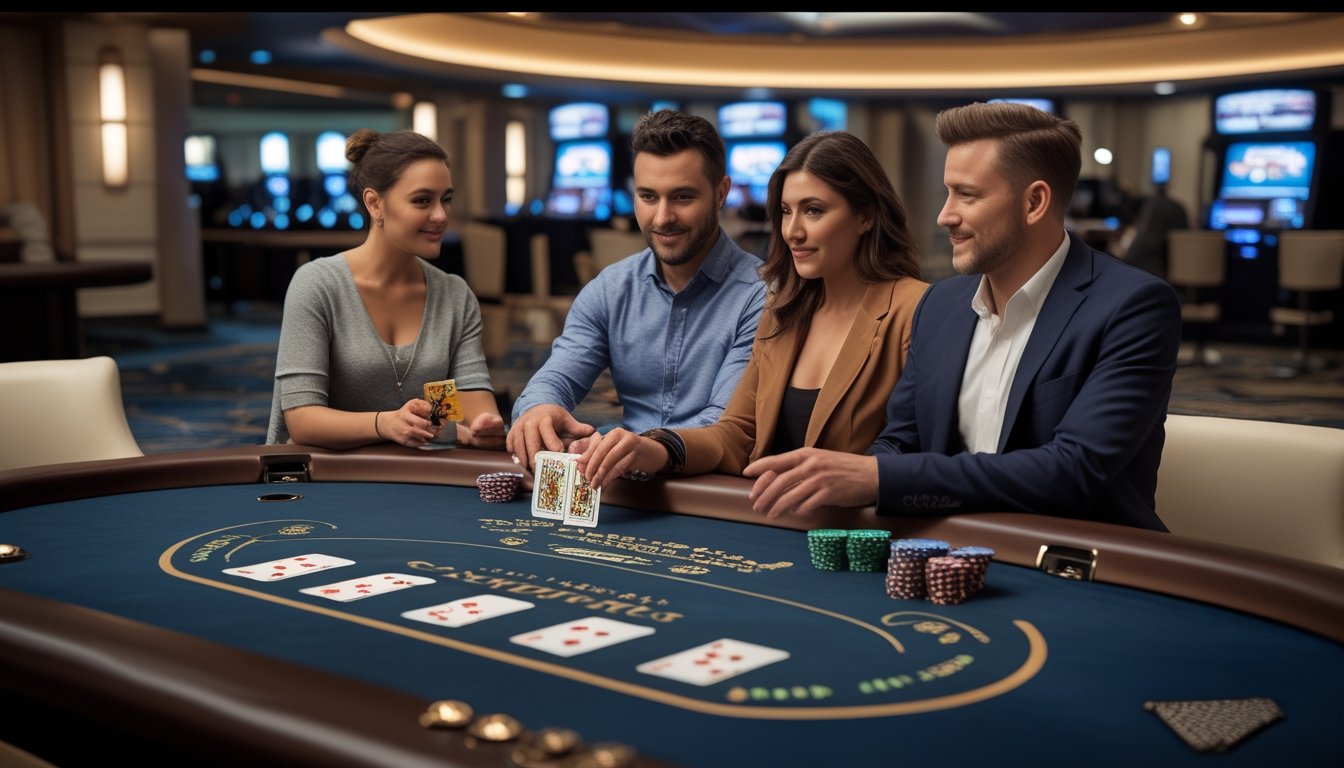 Pemula mempelajari permainan Double Exposure Blackjack di meja kasino bersama dealer.