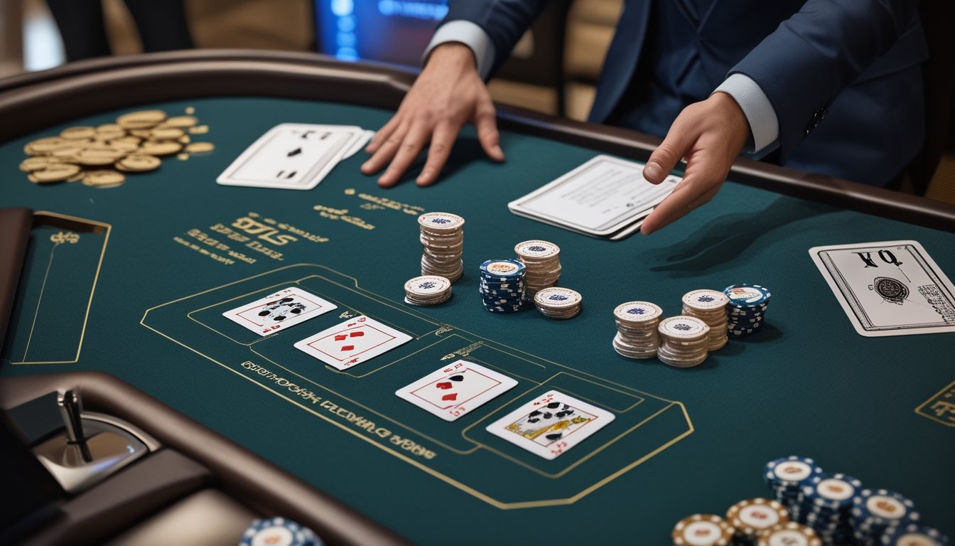 Dealer menjelaskan kartu blackjack yang terbuka kepada pemain pemula di meja kasino.