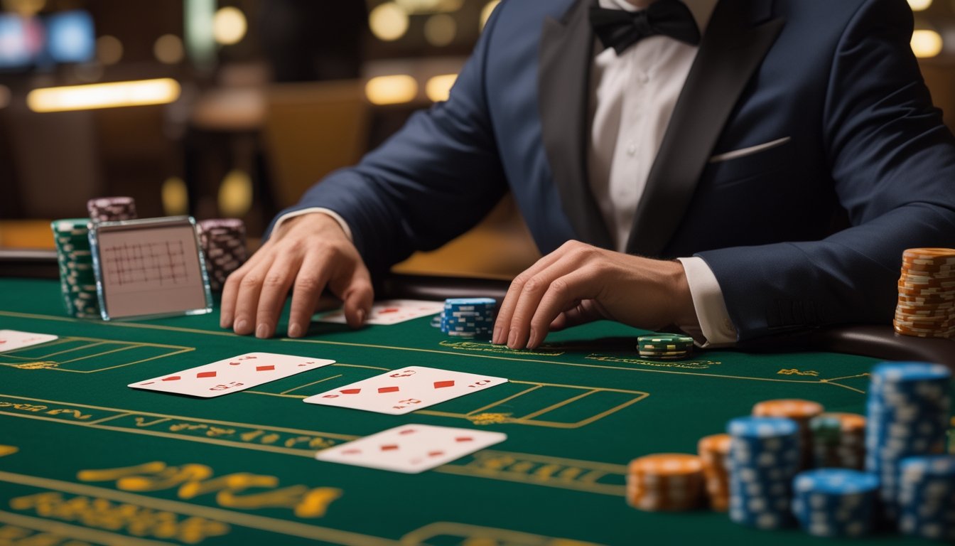 Seorang pemain mempelajari susunan kartu blackjack dan chip di meja kasino.