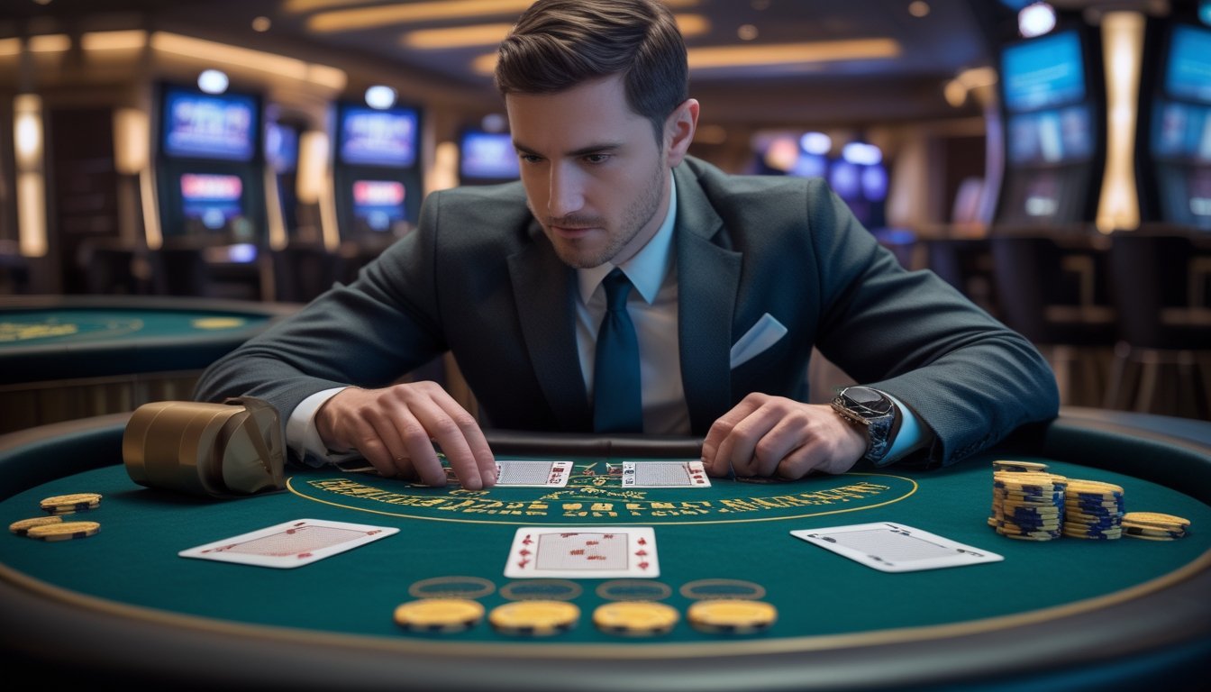 Pemain menganalisis kartu blackjack yang terbuka di meja kasino dengan chip tersusun rapi.