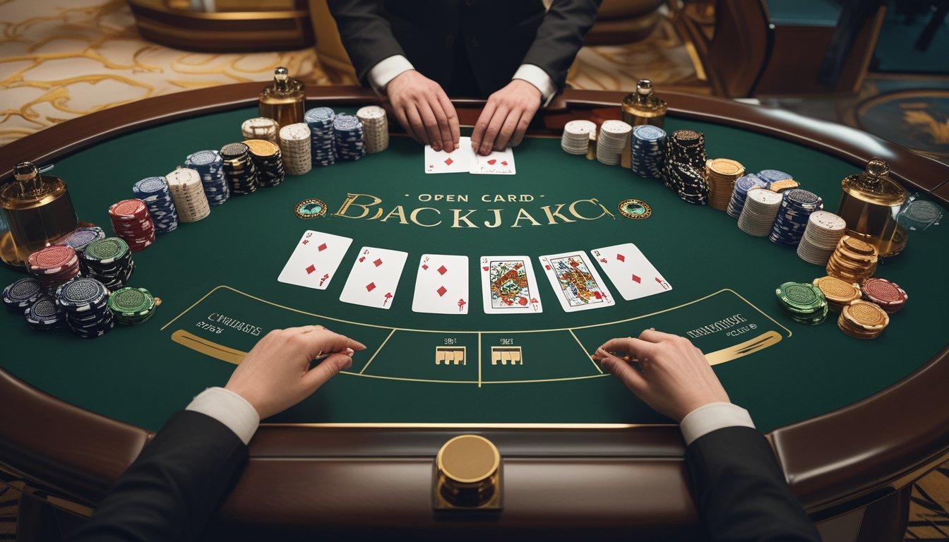 Meja blackjack dengan kartu terbuka, keping taruhan, dan tangan dealer di suasana kasino elegan.