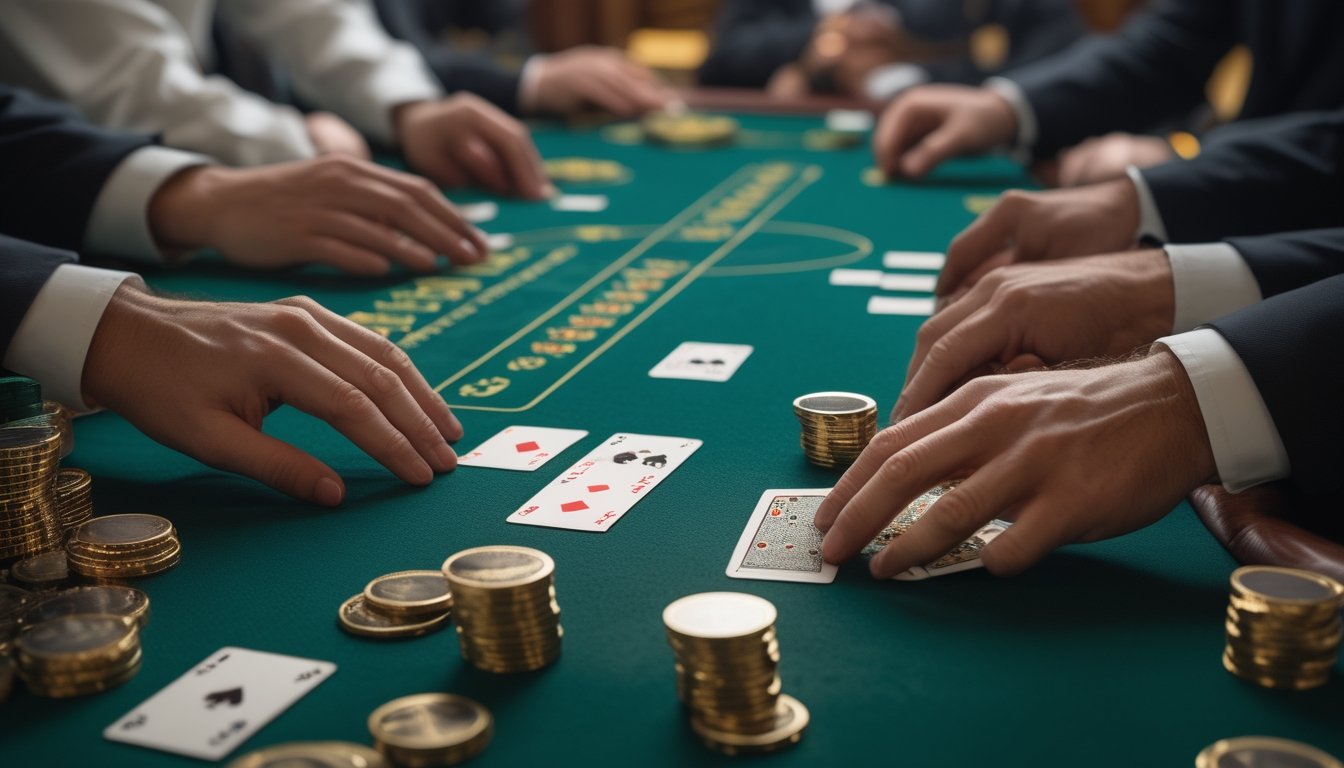 Meja blackjack dengan kartu terbuka, keping taruhan, dan tangan pemain dalam suasana kasino.