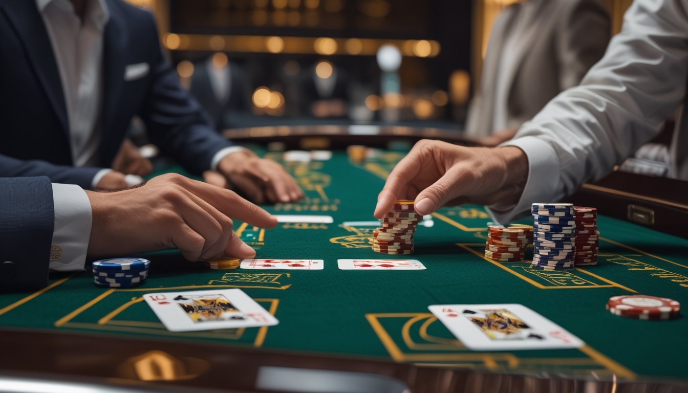 Meja blackjack kasino dengan kartu terbuka dan tumpukan chip di bawah pencahayaan elegan.