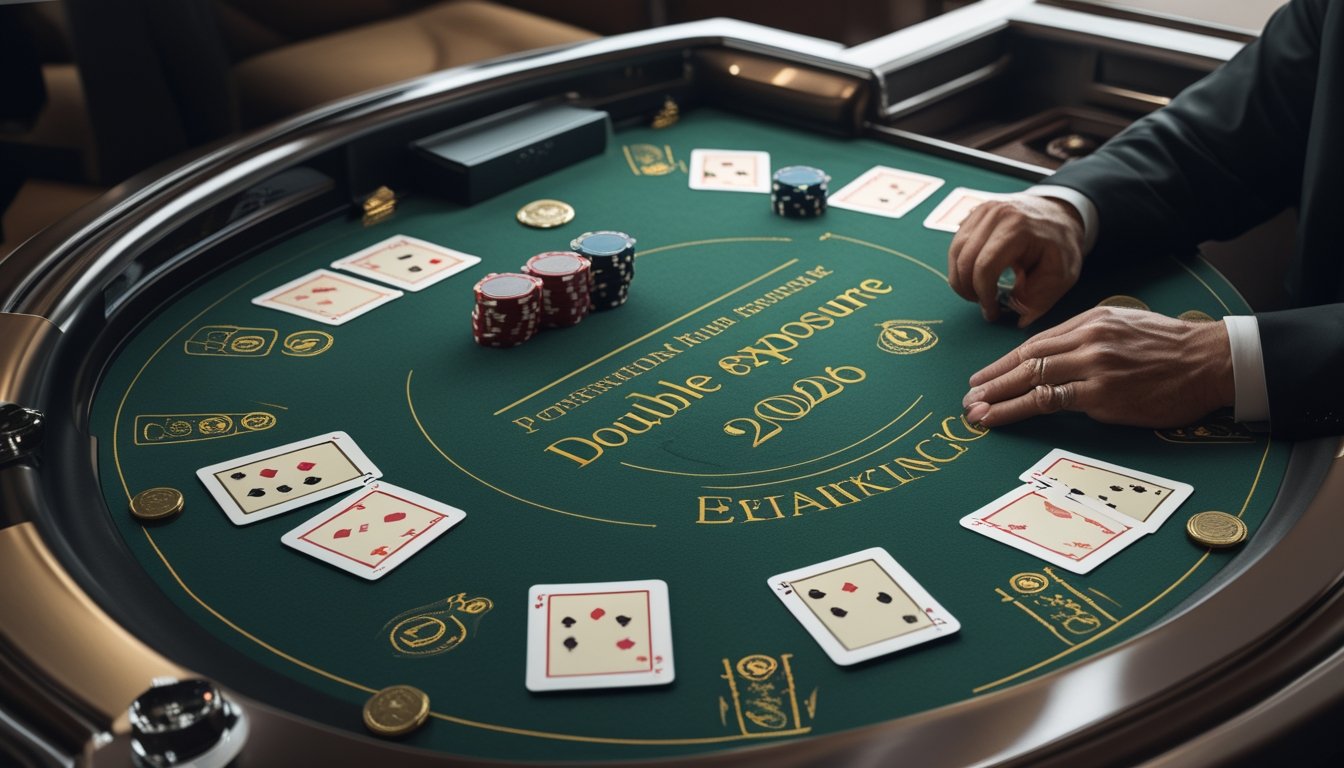 Meja blackjack dengan semua kartu terbuka, keping kasino, dan tangan pemain yang sedang mempertimbangkan langkah berikutnya.