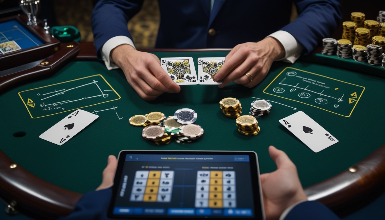 Seorang pemain menganalisis kartu blackjack dan keping taruhan di meja kasino.