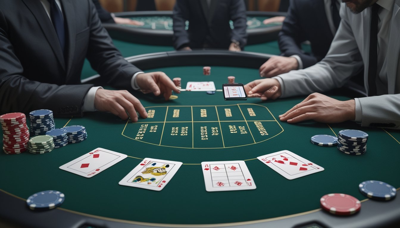 Pemain mempelajari kartu dan chip di meja Double Exposure Blackjack sambil mempertimbangkan strategi taruhan.