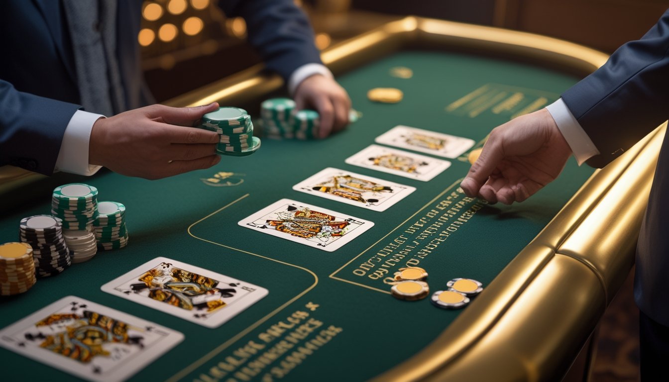 Meja blackjack dengan kartu, keping kasino, dan pantulan cahaya ganda di permukaan meja.