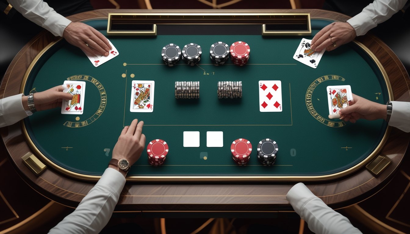Meja blackjack dengan kartu terbuka, keping kasino, dan tangan dealer di suasana kasino elegan.