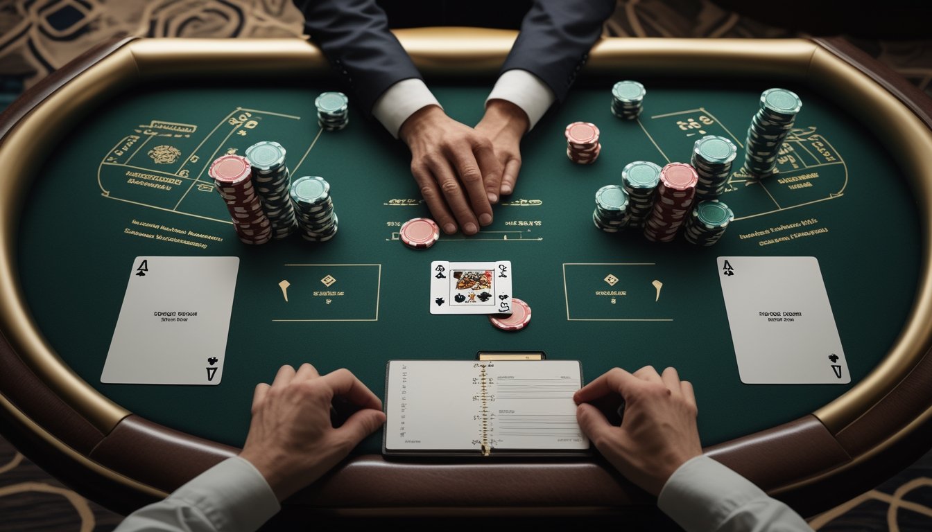 Meja blackjack dengan kedua kartu dealer terbuka, kartu pemain, keping kasino, dan buku catatan kosong.