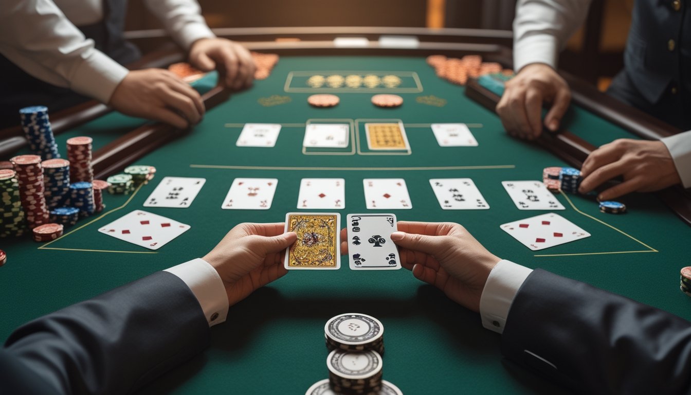 Meja blackjack dengan kartu terbuka, keping taruhan, dan tangan dealer di kasino.