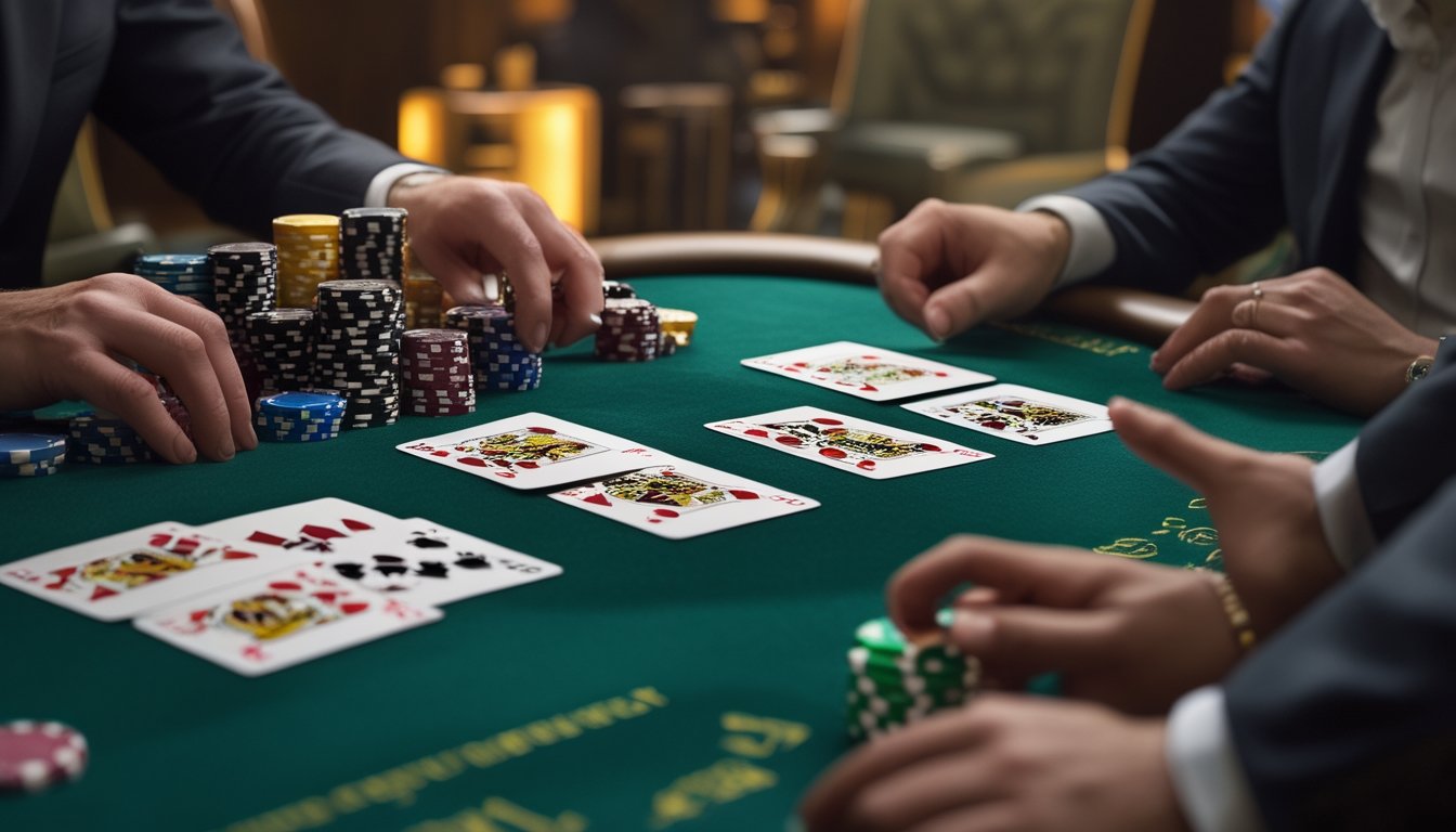 Meja blackjack di kasino dengan kartu terbuka, keping taruhan, dan dealer yang sedang mengatur permainan.