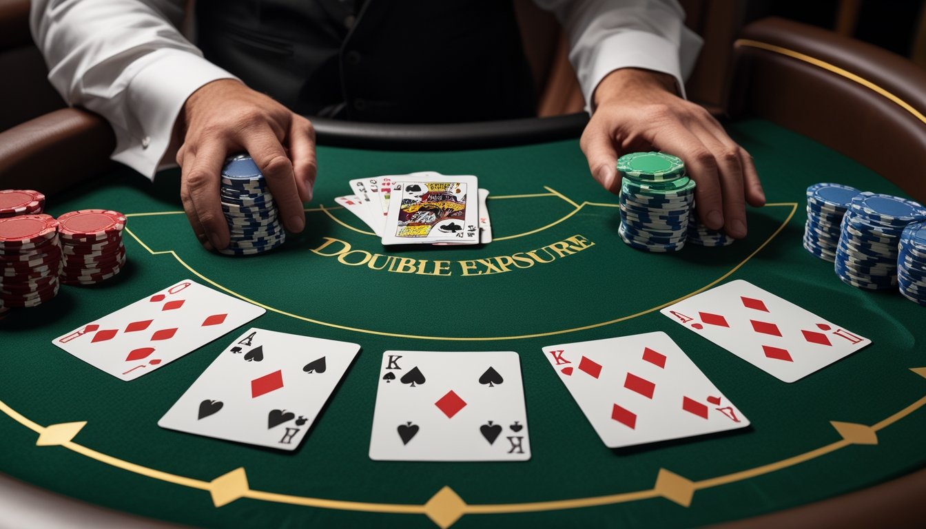 Meja blackjack dengan semua kartu terbuka, keping kasino, dan tangan dealer di lingkungan kasino elegan.