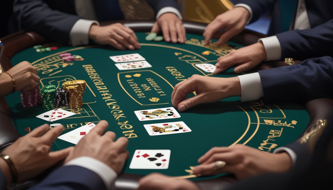 Meja blackjack dengan kartu, keping taruhan, dealer, dan pemain di kasino modern.