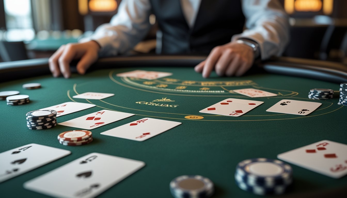 Meja blackjack di kasino modern dengan kartu terbuka, keping taruhan, dan dealer di latar belakang.