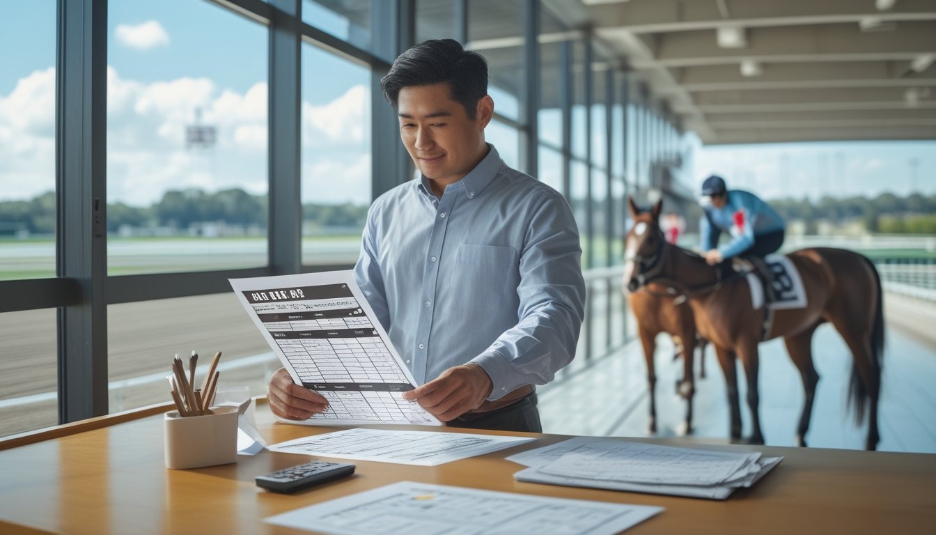 Pemula mempelajari data pacuan kuda bersama seorang penasihat di area lintasan yang modern.
