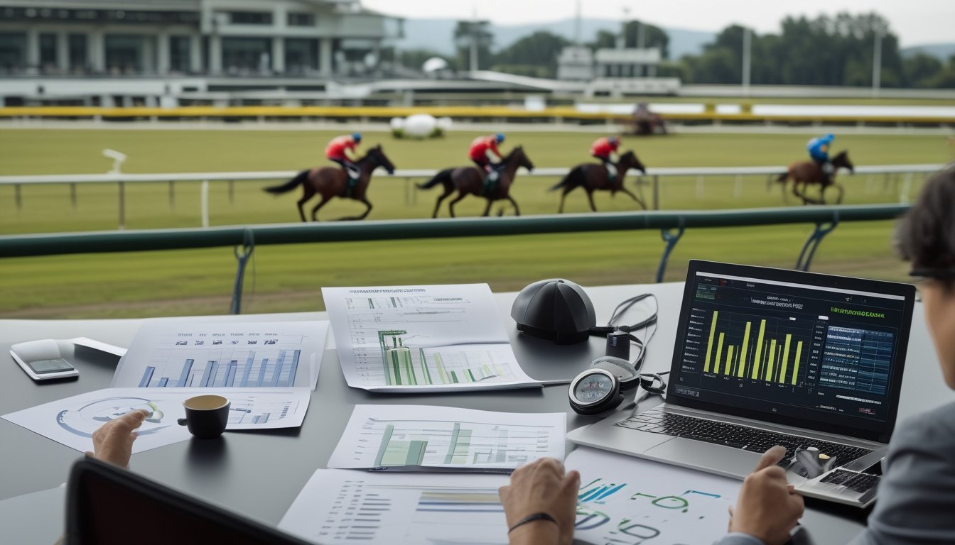 Tim analis mempelajari data performa kuda dan joki di dekat lintasan pacuan kuda.