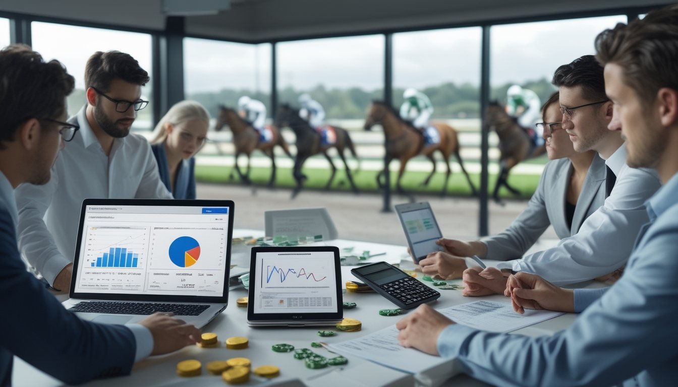 Analis sedang menyusun anggaran dan menganalisis data pacuan kuda di ruang kerja modern.