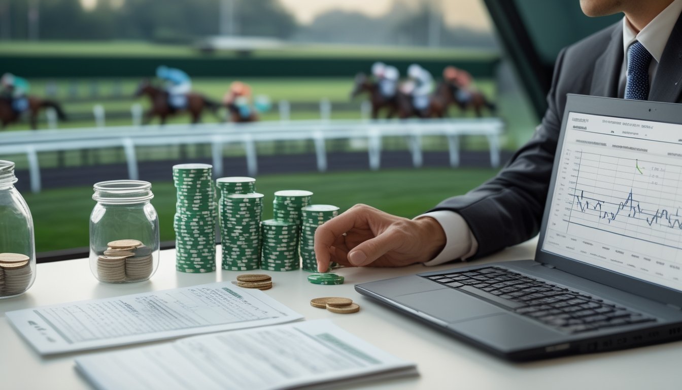 Seorang analis menyusun strategi pengelolaan dana taruhan dengan kalkulator, token, dan grafik, sementara arena pacuan kuda tampak samar di latar belakang.