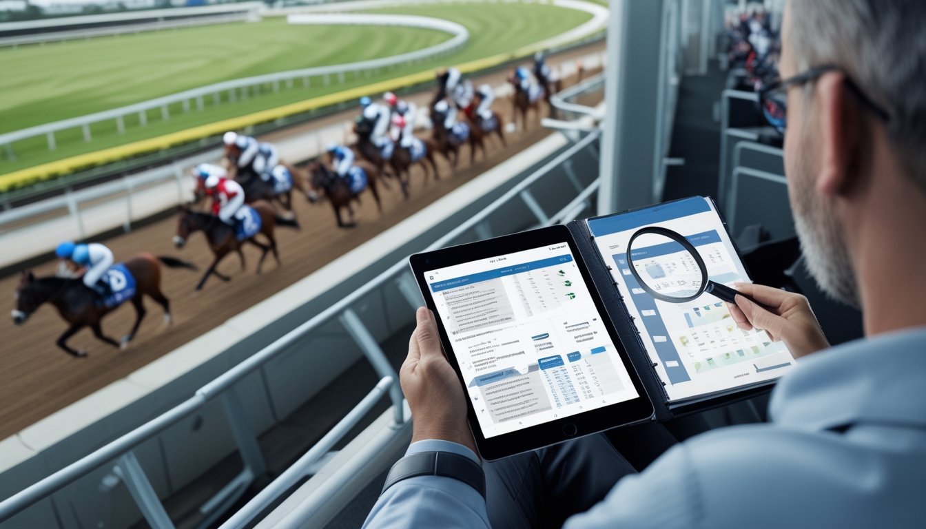 Seorang bettor menganalisis data pacuan kuda dan mengatur anggaran dengan hati-hati di dekat lintasan.