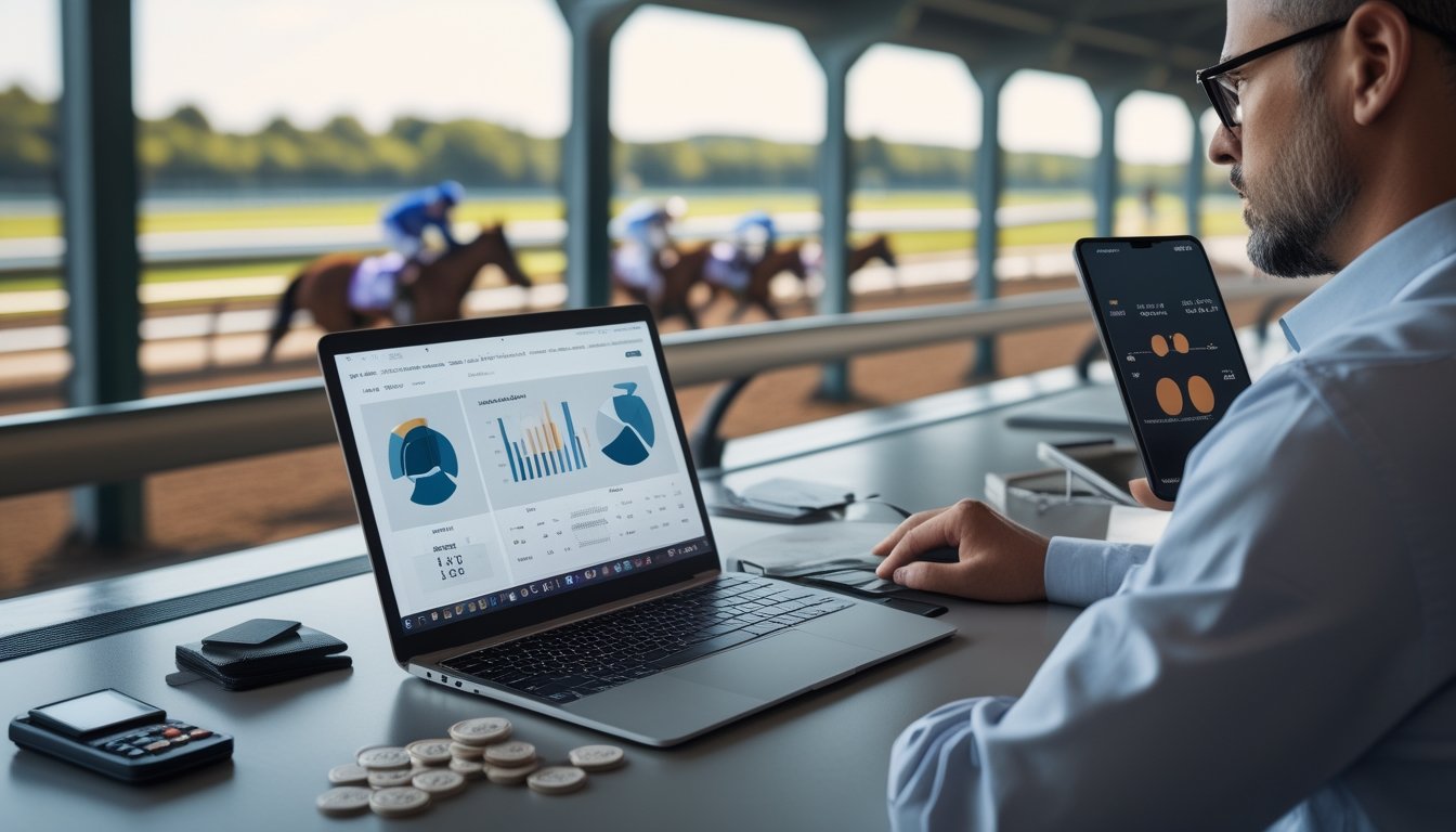 Seorang analis mempelajari data pacuan kuda di laptop dengan arena pacuan dan kuda-kuda terlihat di latar belakang.