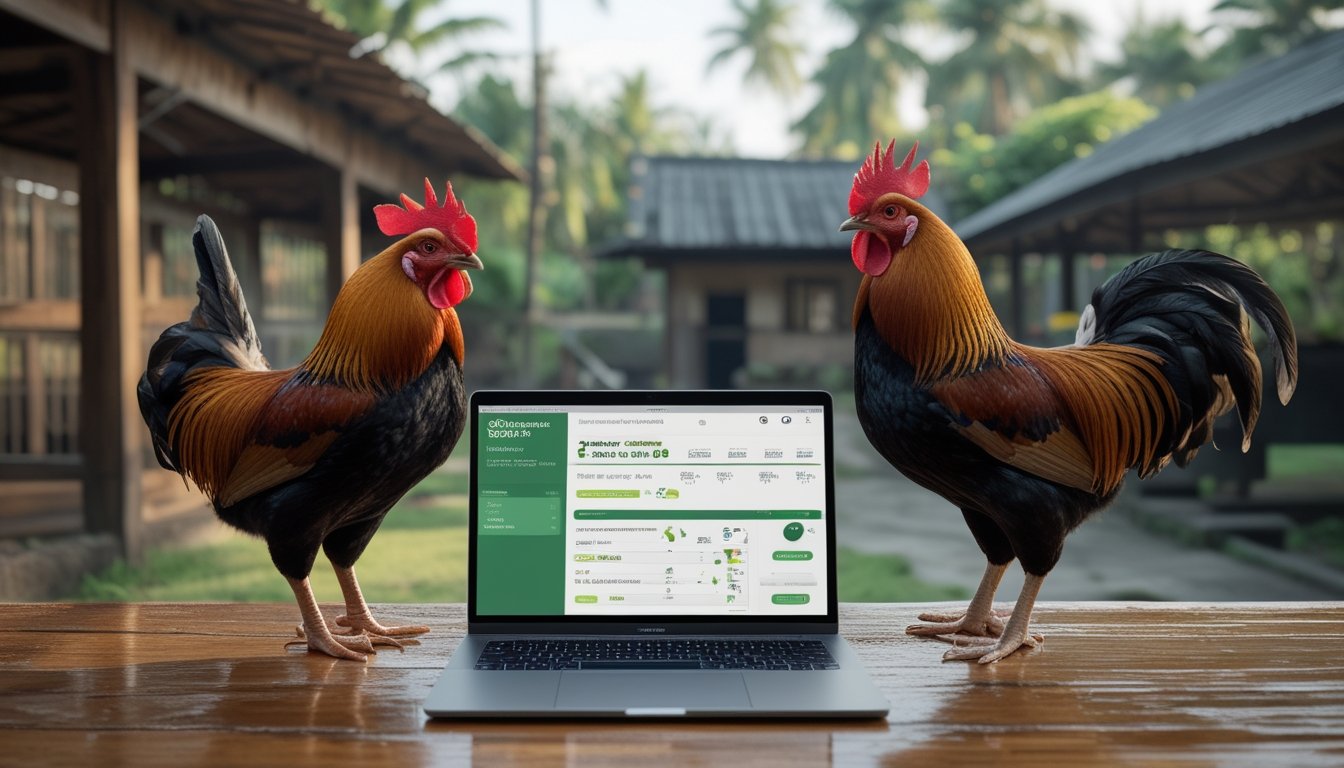 Seseorang melihat antarmuka kompetisi digital di laptop dan ponsel, dengan dua ayam jantan yang dirawat baik di lingkungan hijau.
