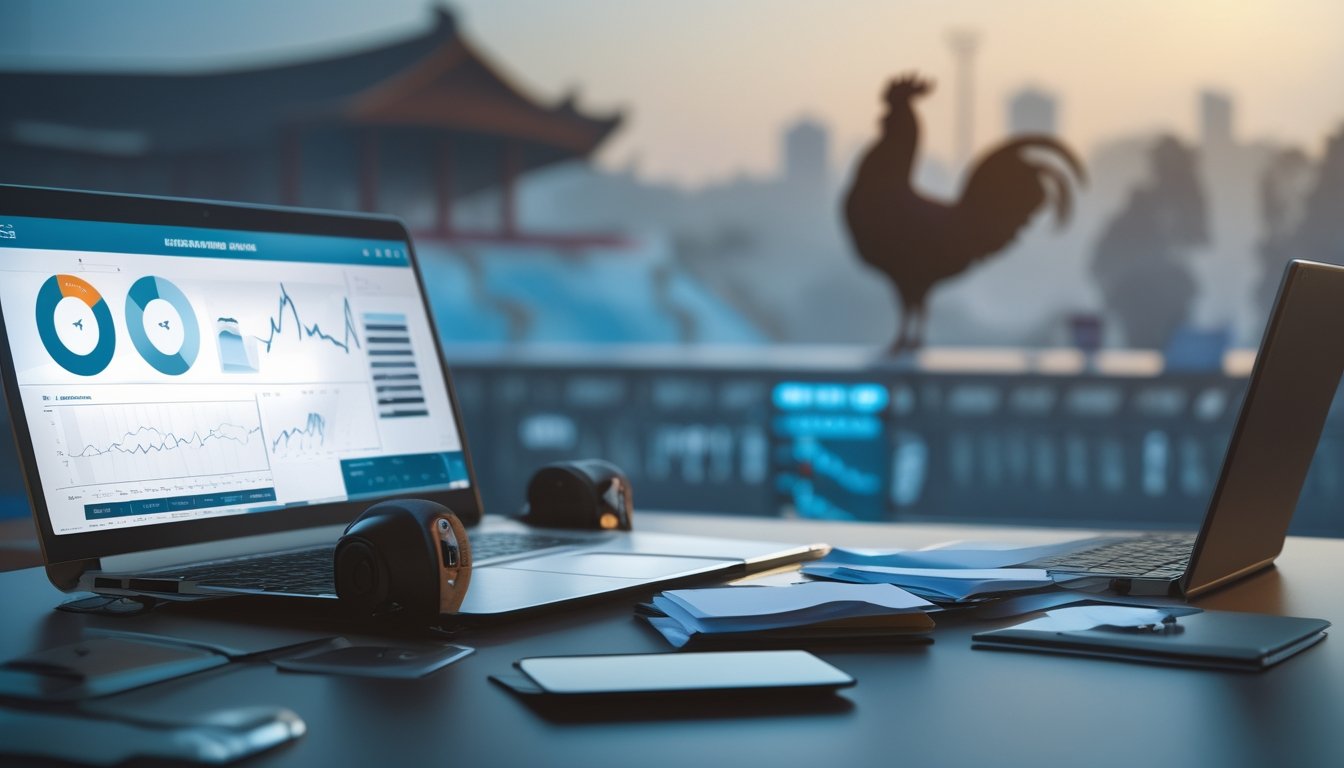 Laptop dengan grafik analitik, ponsel, kalkulator, dan siluet ayam jantan dalam suasana meja kerja modern.