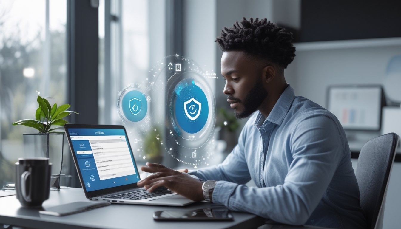 Orang dewasa meninjau platform digital yang aman di laptop dalam ruang kerja modern.