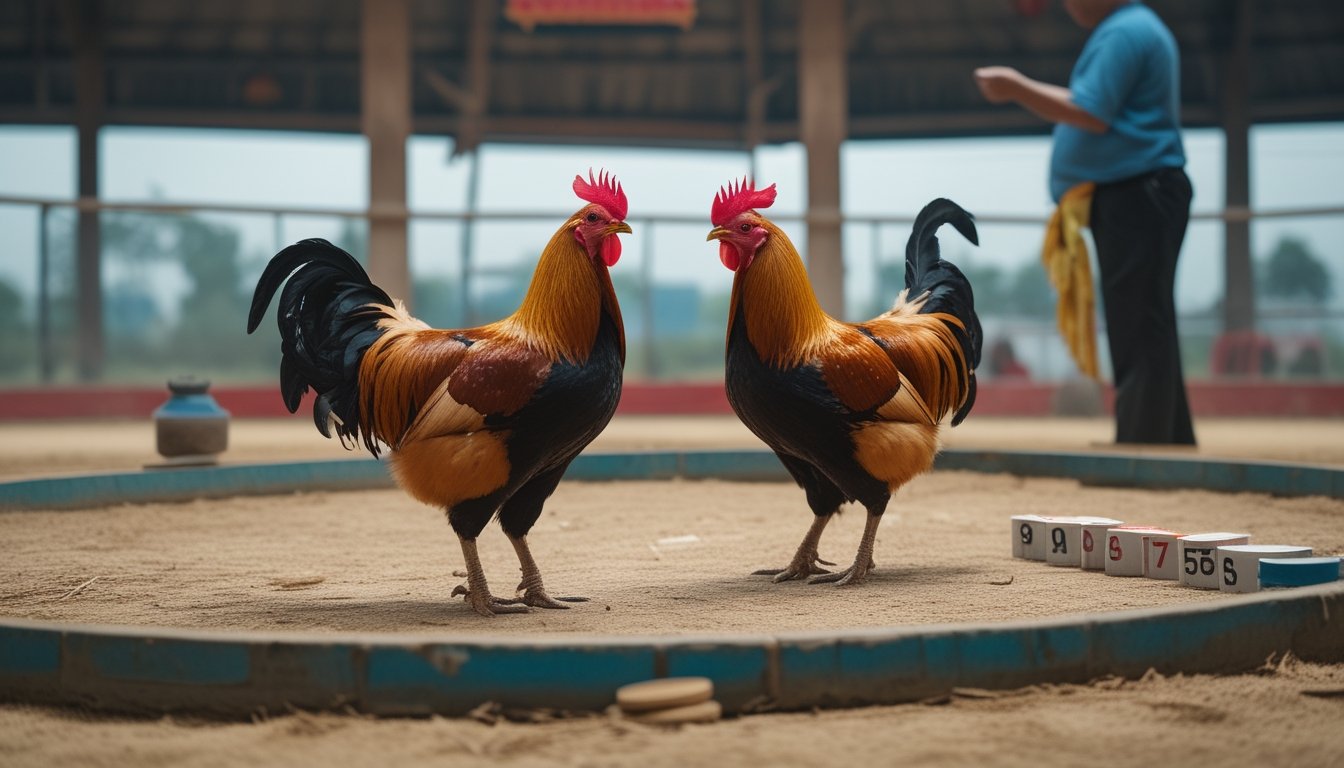 Dua ayam jantan berdiri terpisah di arena sabung ayam, diamati oleh seorang pemandu dalam suasana tertata dan aman.