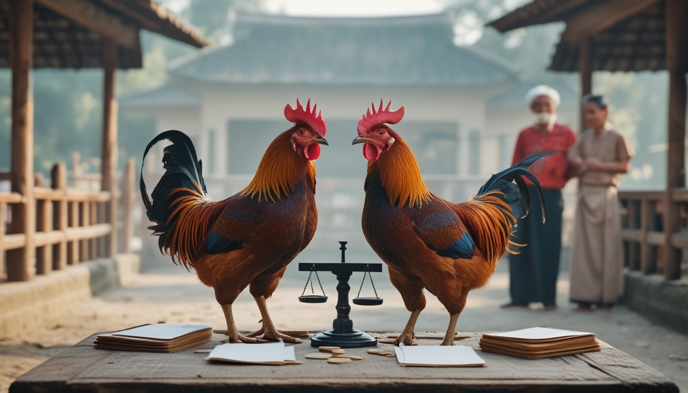 Dua ayam jantan berdiri tenang di arena tradisional, dengan pengamat dan perlengkapan simbolis untuk membandingkan peluang.