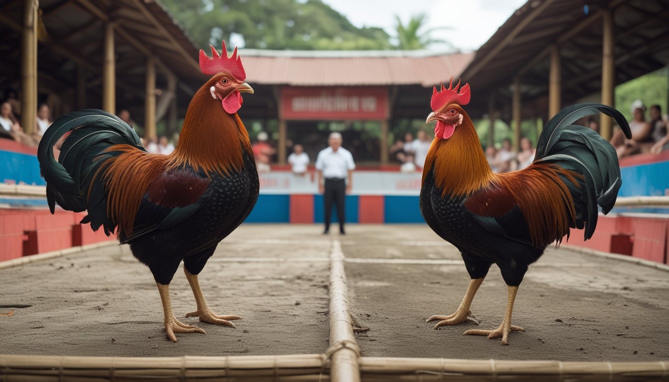 Dua ayam jago berada di arena tradisional dengan penonton dan pengawas di latar belakang.