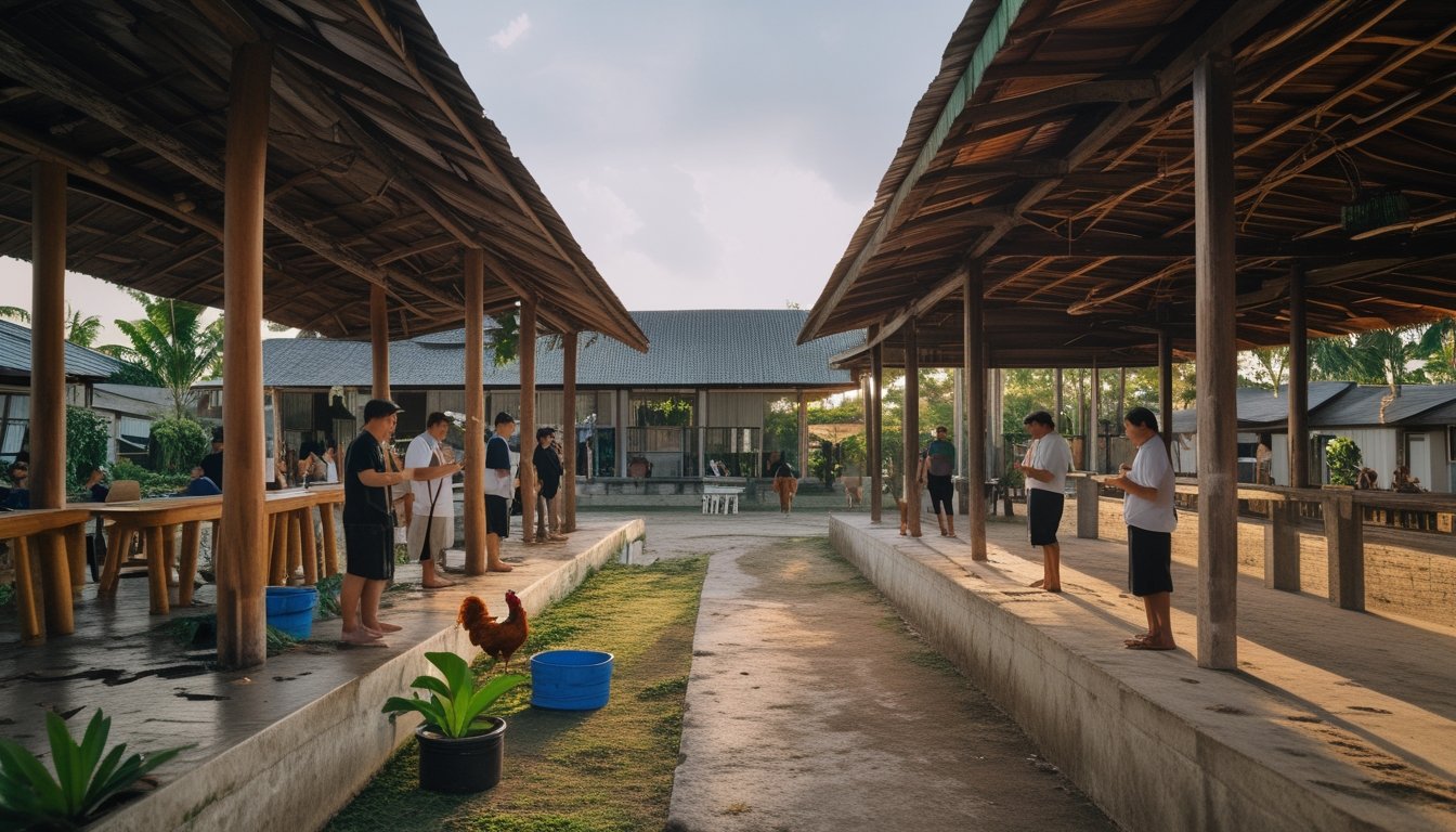 Arena tradisional Filipina dan Thailand dengan penonton serta ayam jantan yang sedang dirawat secara tenang.