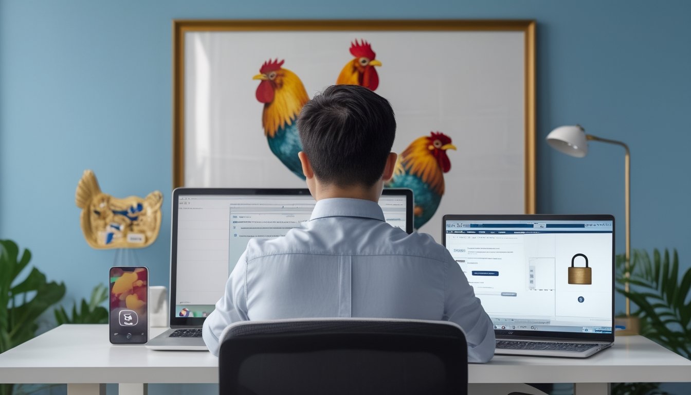 Seseorang memeriksa informasi daring melalui laptop dan ponsel di meja kerja modern, dengan hiasan ayam jantan di latar belakang.