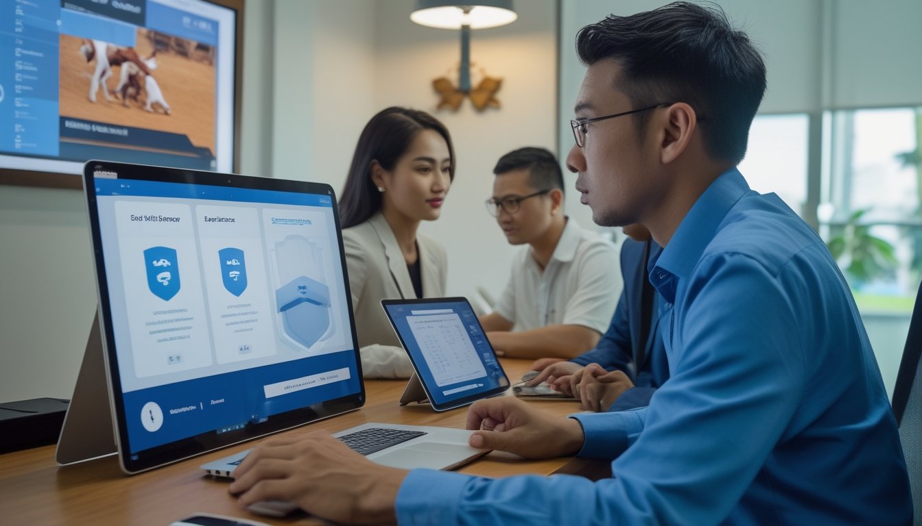 Tim profesional meninjau platform digital pada laptop dan tablet di ruang kerja modern.